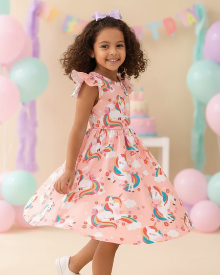 unicorn and dino print dress - three-quarter