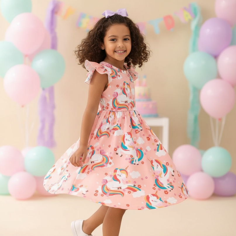 unicorn and dino print dress - three-quarter