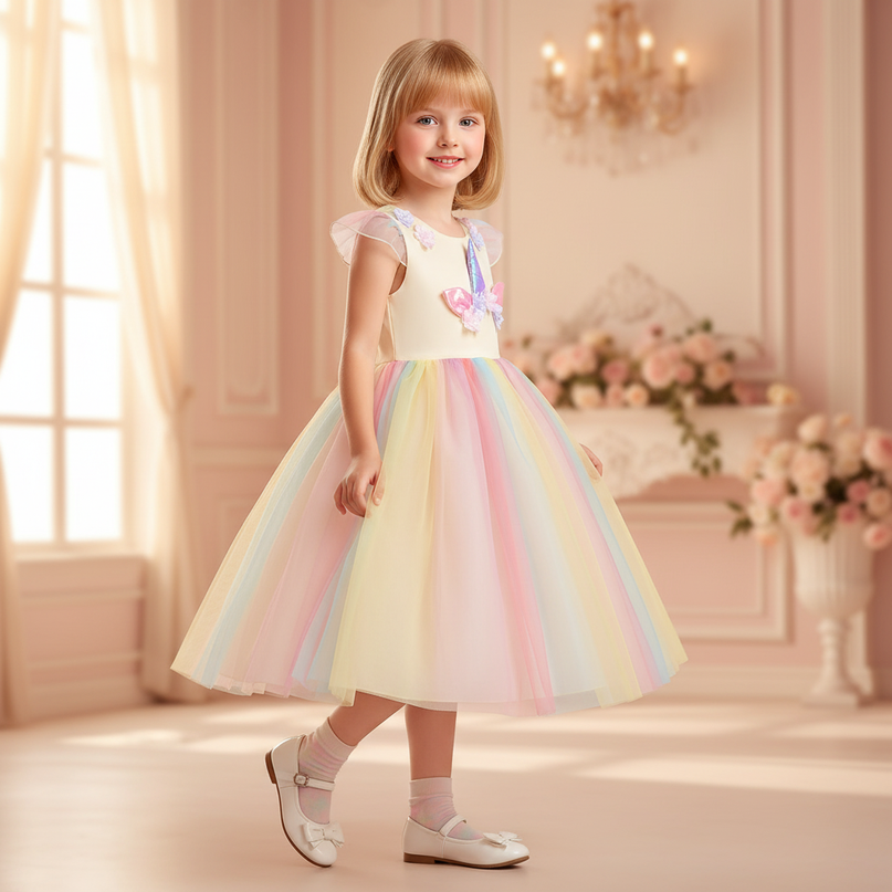 unicorn applique dress girls - three-quarter