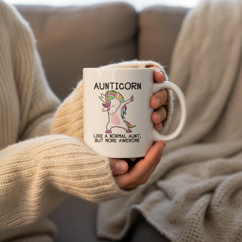 aunticorn mug - in-use