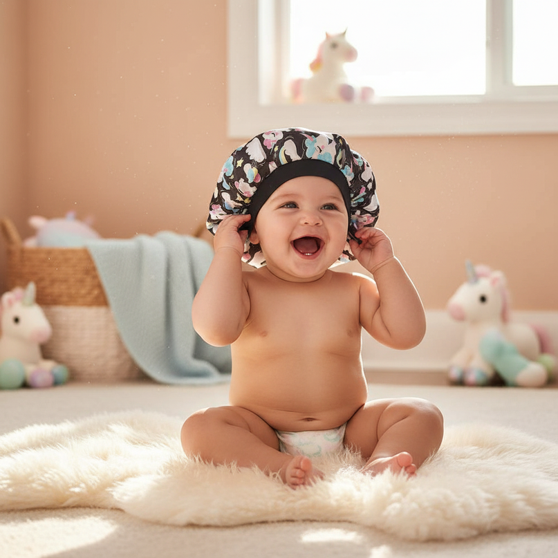 unicorn baby bonnet - in-use