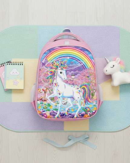 unicorn backpack girl purple print - flat-lay