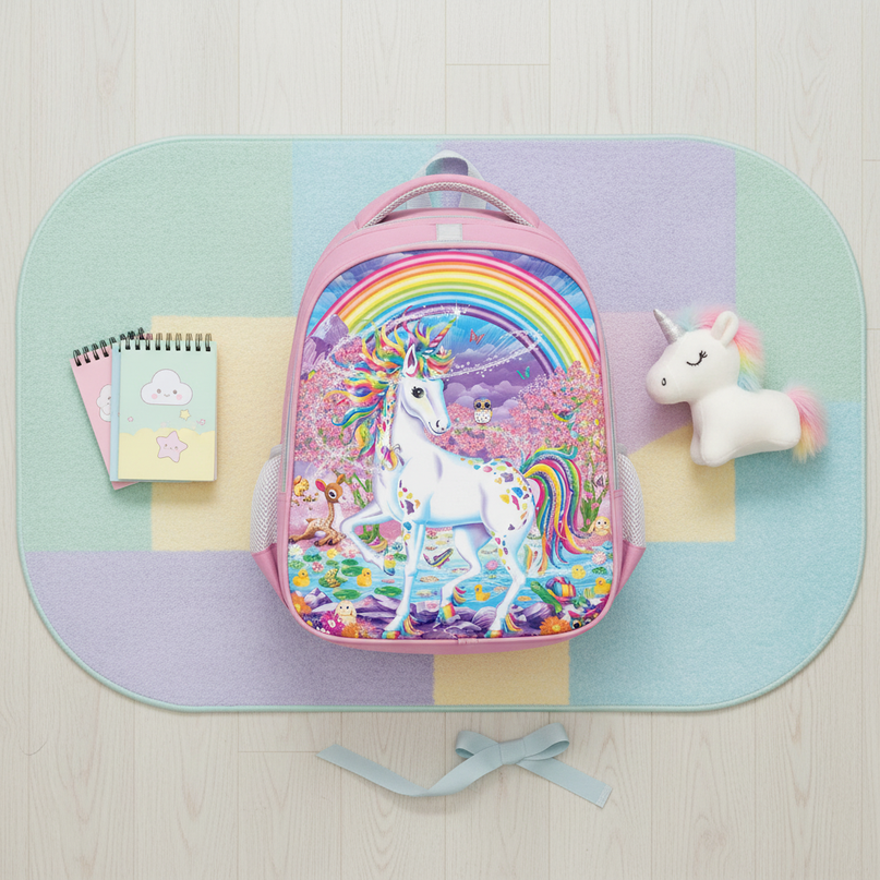 unicorn backpack girl purple print - flat-lay