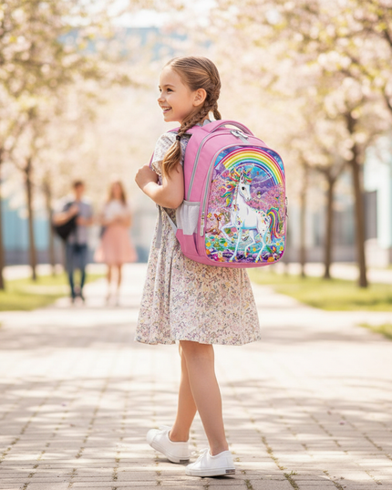 unicorn backpack girl purple print - in-use