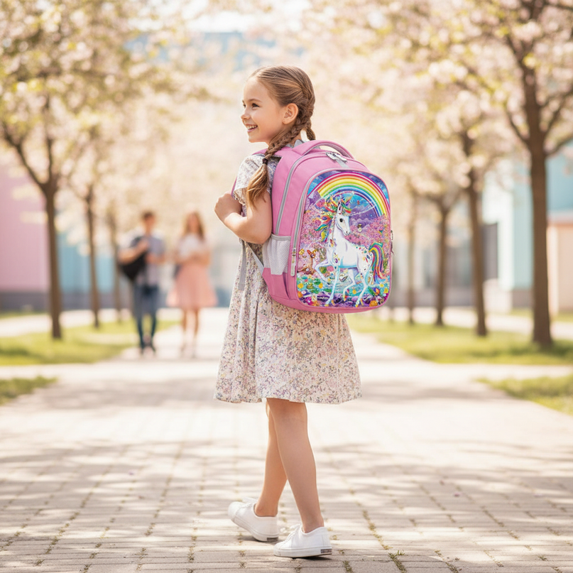 unicorn backpack girl purple print - in-use