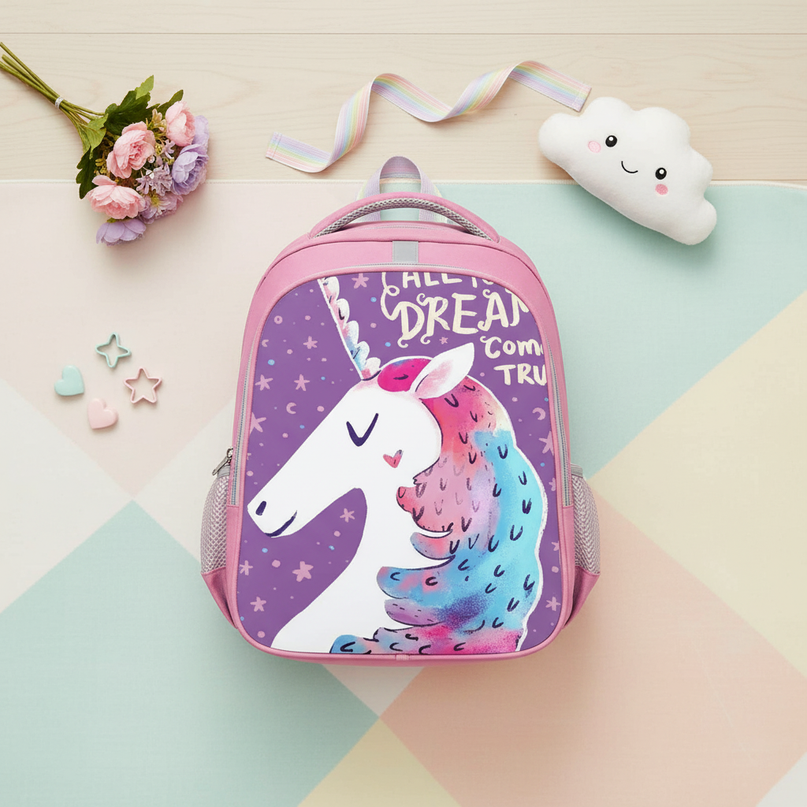 unicorn backpack for girls pink - flat-lay