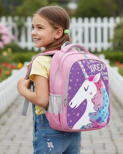 unicorn backpack for girls pink - in-use