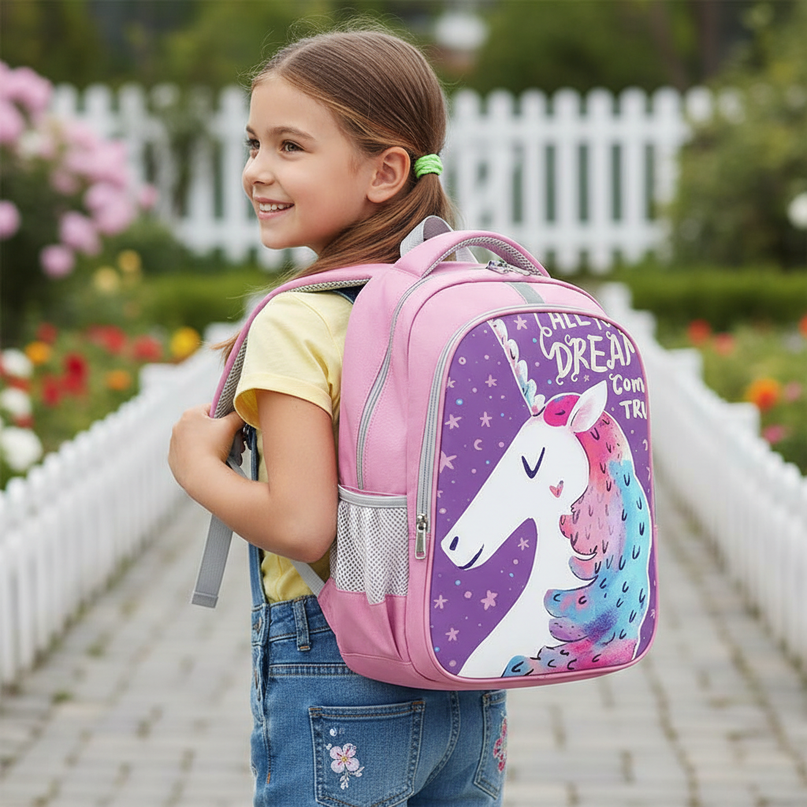 unicorn backpack for girls pink - in-use