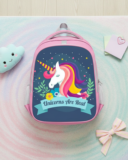 unicorn backpack kawaii print pink - flat-lay
