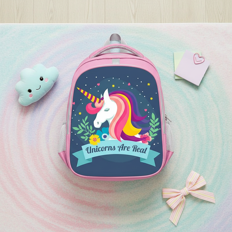 unicorn backpack kawaii print pink - flat-lay