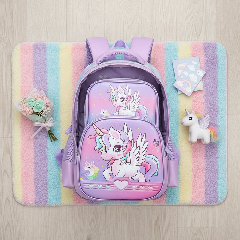 unicorn backpack with lunch box - flat-lay