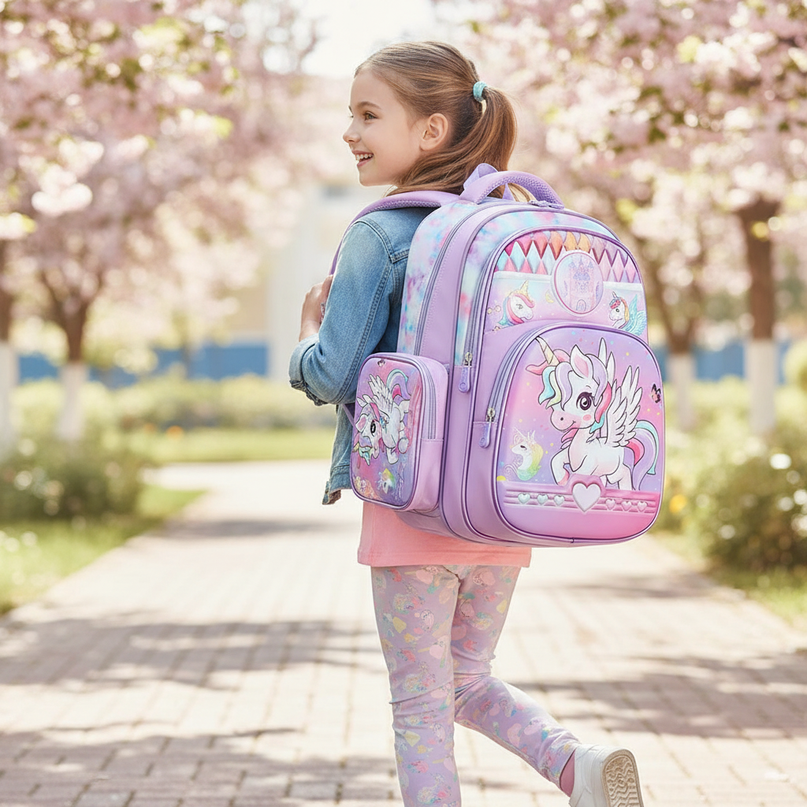 unicorn backpack with lunch box - in-use