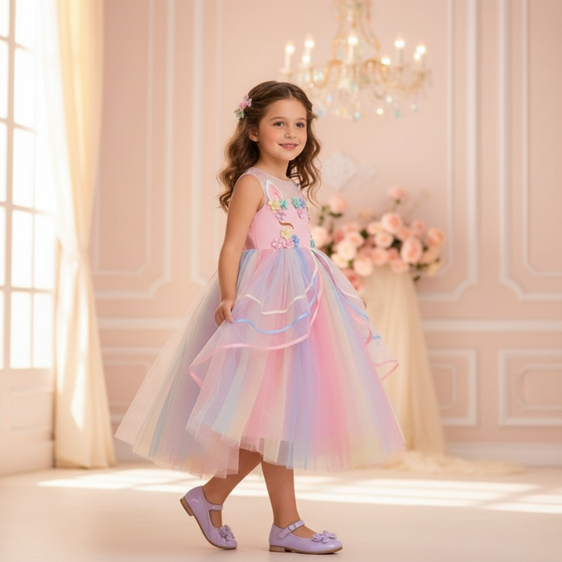 unicorn ball gown dress girls - three-quarter