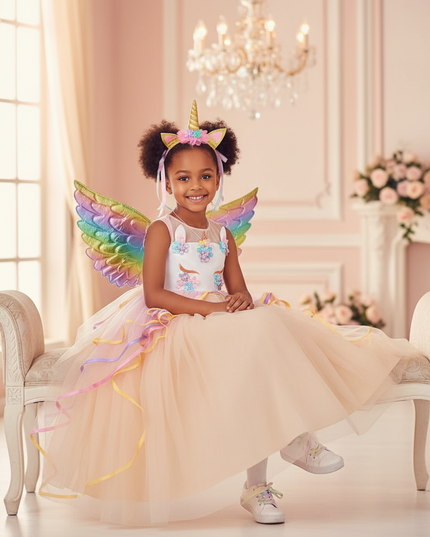 unicorn ball gown dress wings set - sitting