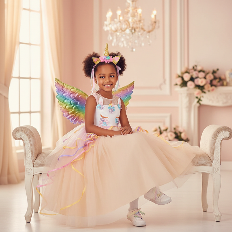 unicorn ball gown dress wings set - sitting