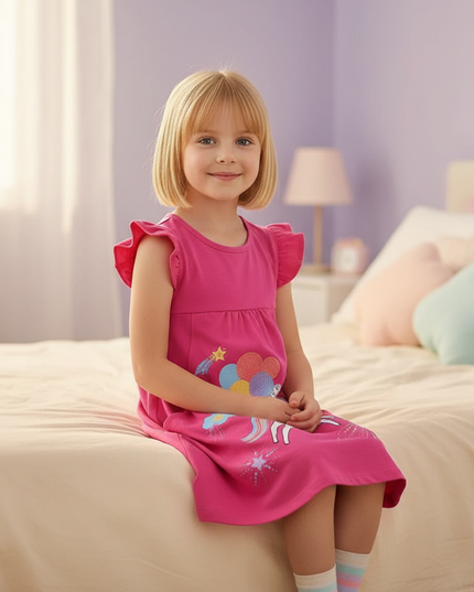 unicorn balloon print dress - sitting
