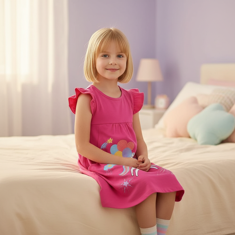 unicorn balloon print dress - sitting