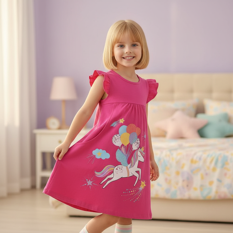 unicorn balloon print dress - three-quarter