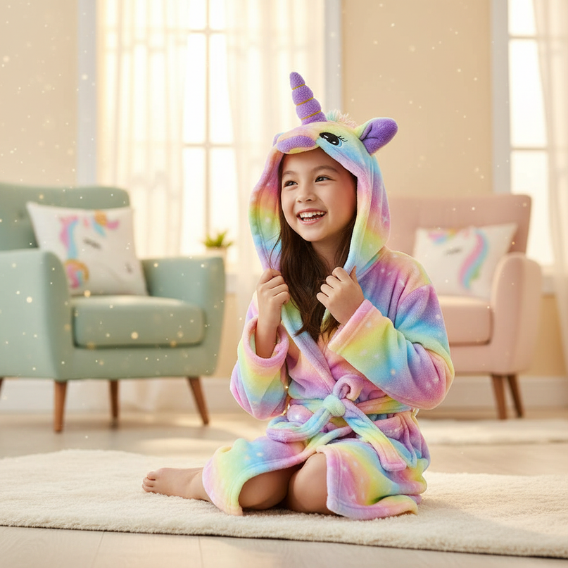 unicorn bath robe - in-use