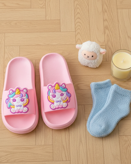 unicorn bathroom slippers - flat-lay