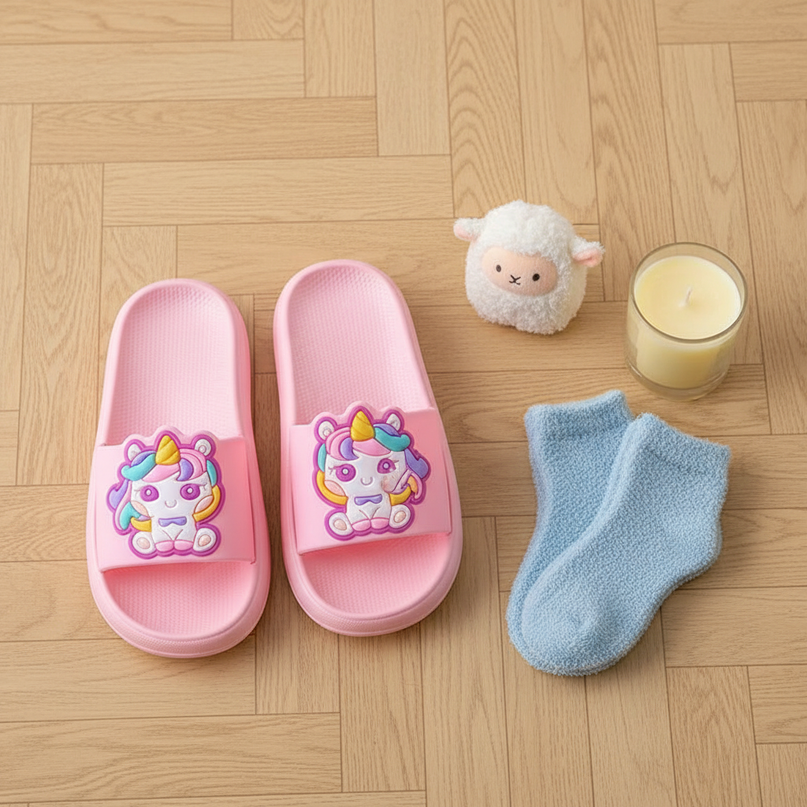 unicorn bathroom slippers - flat-lay