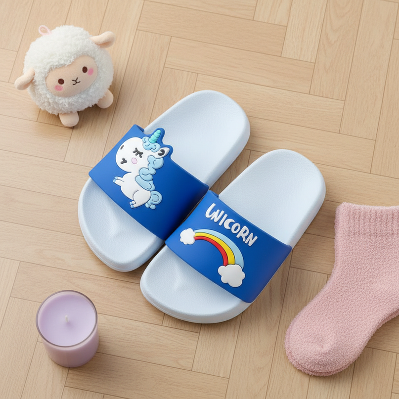 unicorn beach slippers - flat-lay