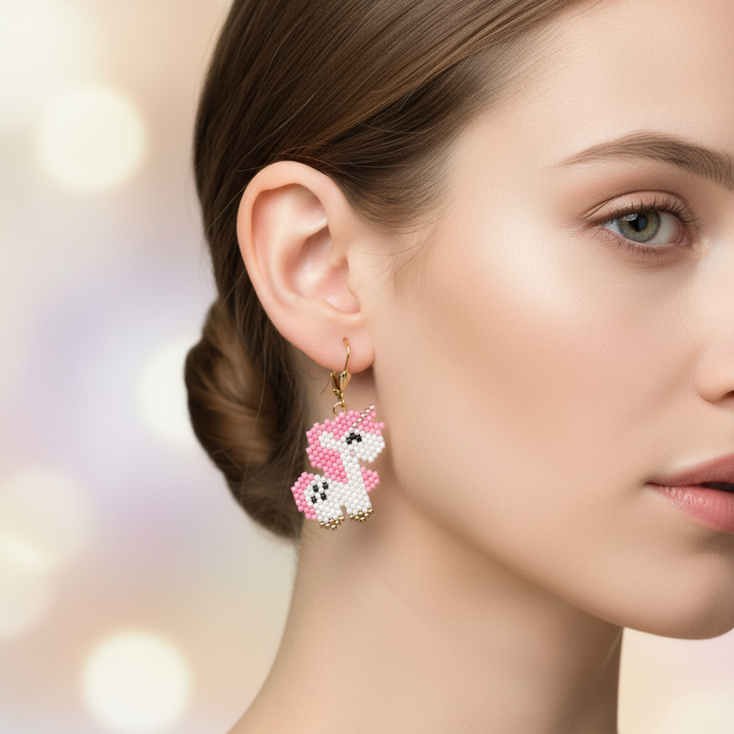 unicorn beaded earrings - in-use