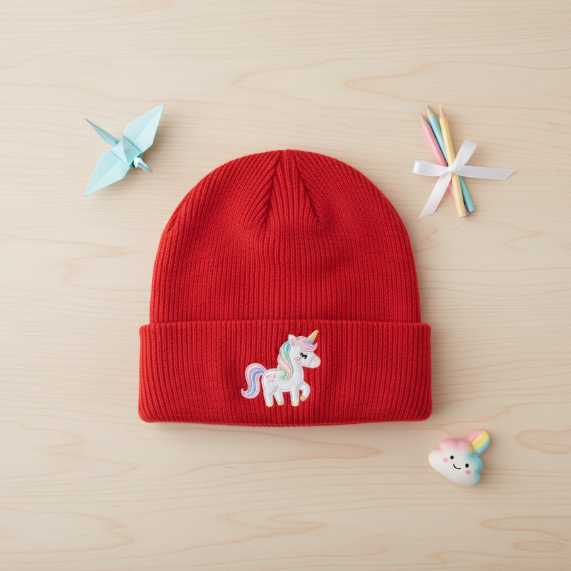 unicorn beanie skiing - flat-lay
