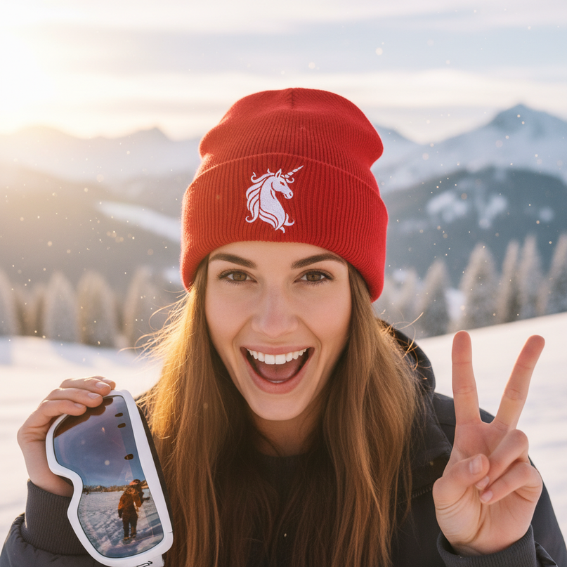 unicorn beanie skiing - in-use
