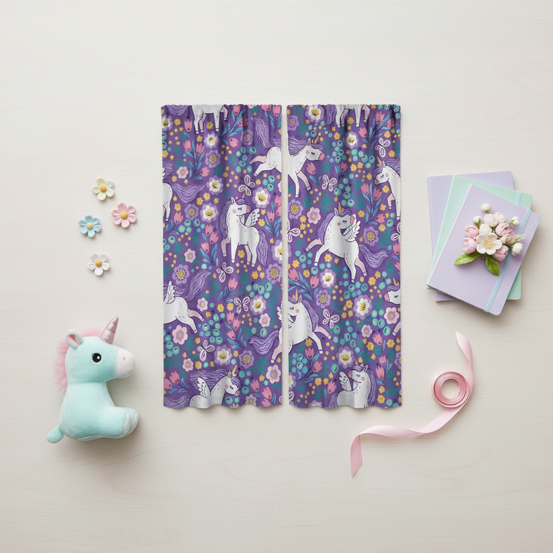 unicorn bedroom curtains - flat-lay