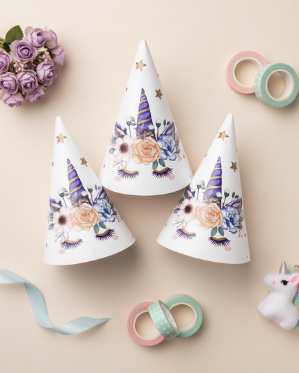 unicorn birthday hats - flat-lay