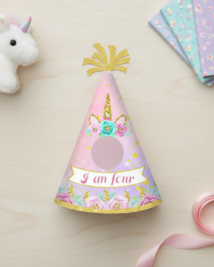 unicorn birthday paper hat - flat-lay