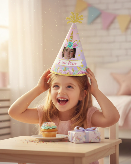 unicorn birthday paper hat - in-use