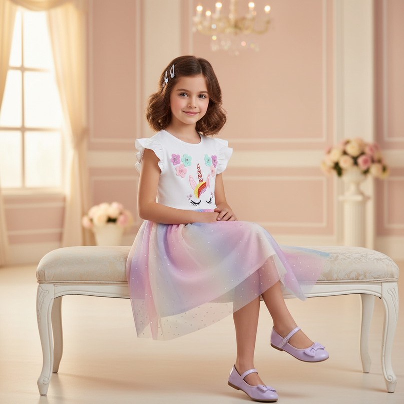 unicorn birthday party dress - sitting
