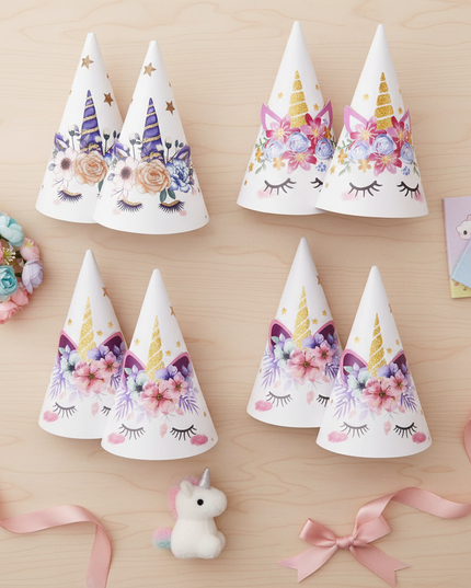 unicorn birthday party hats - flat-lay