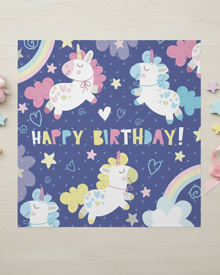 unicorn birthday shower curtain - flat-lay