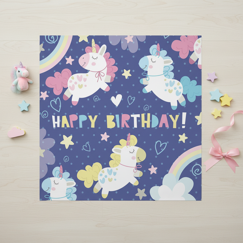 unicorn birthday shower curtain - flat-lay