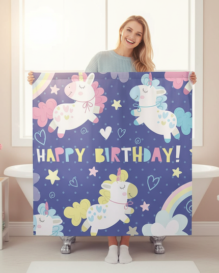 unicorn birthday shower curtain - in-use
