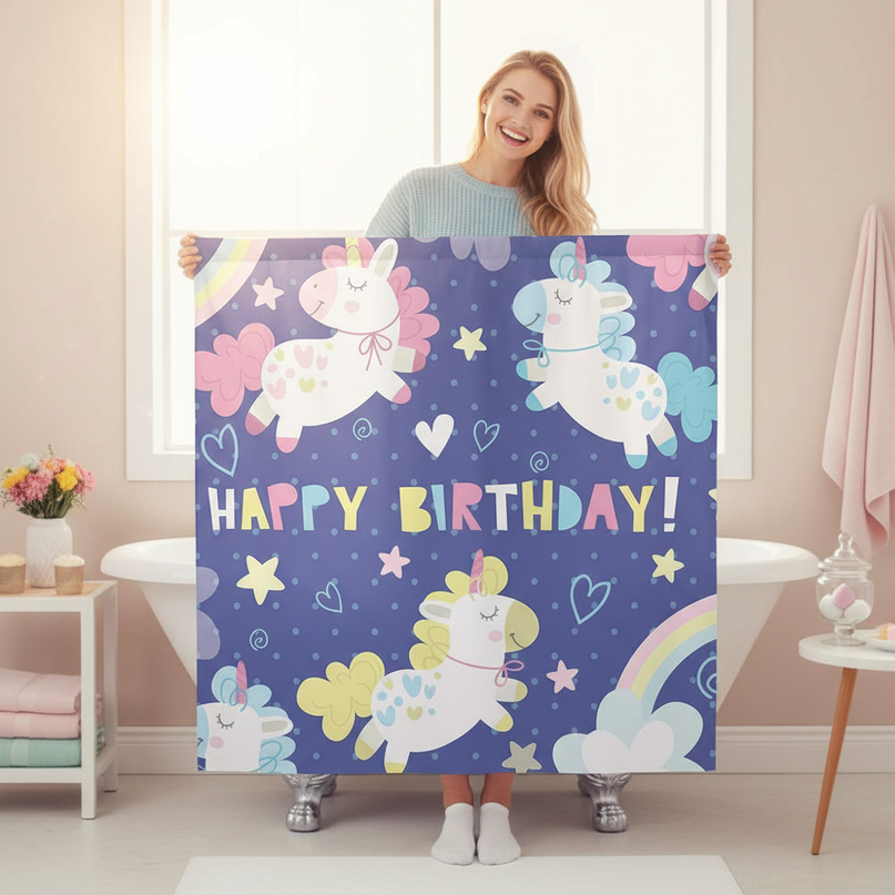 unicorn birthday shower curtain - in-use