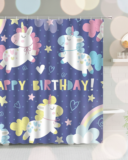 unicorn birthday shower curtain - lifestyle