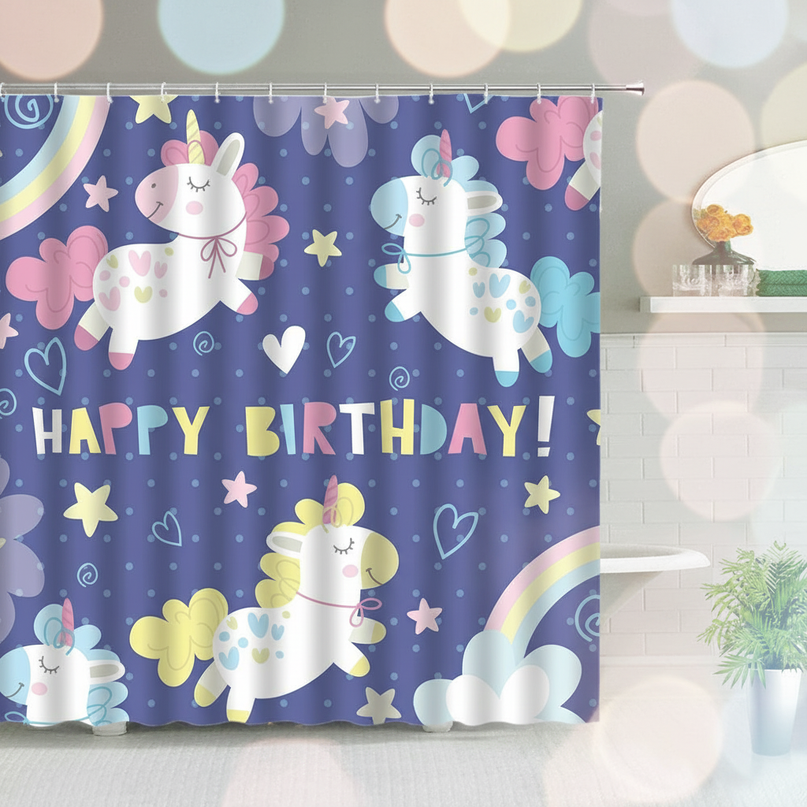 unicorn birthday shower curtain - lifestyle