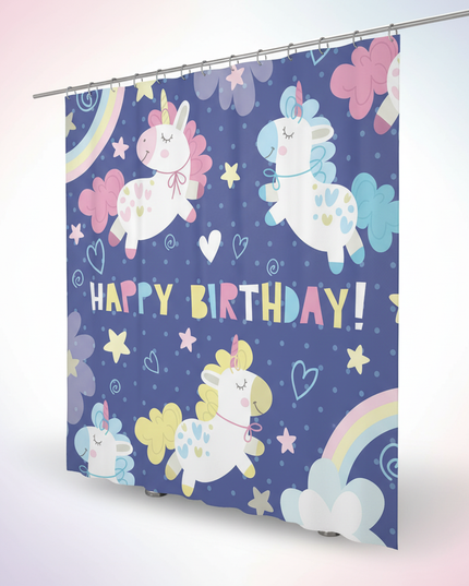 unicorn birthday shower curtain - white-bg