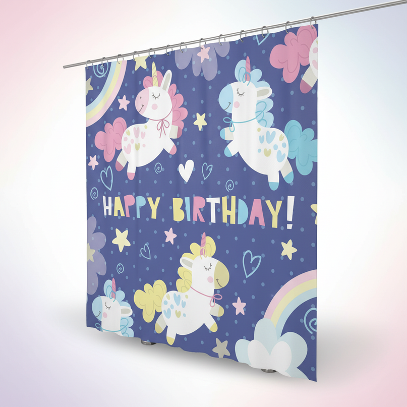 unicorn birthday shower curtain - white-bg