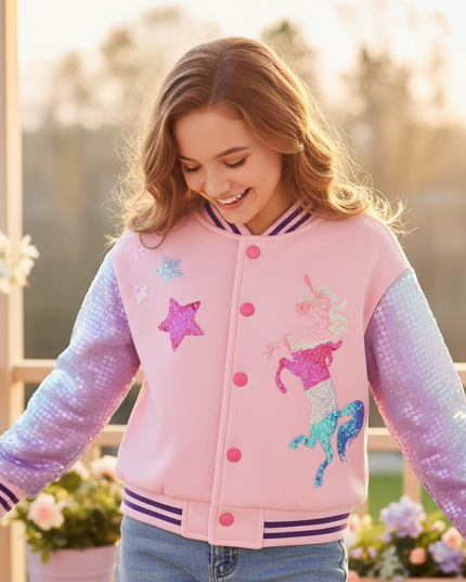 unicorn bomber jacket for girls - in-use