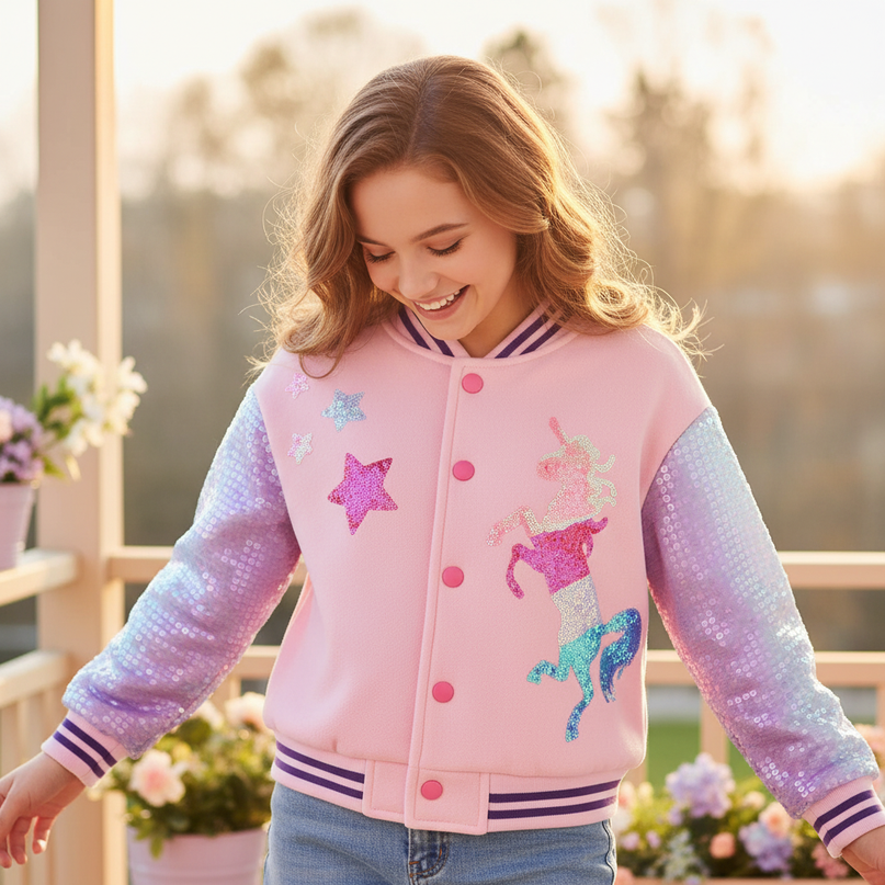 unicorn bomber jacket for girls - in-use