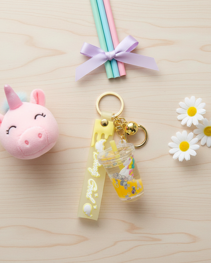 unicorn bubble tea keychain - flat-lay