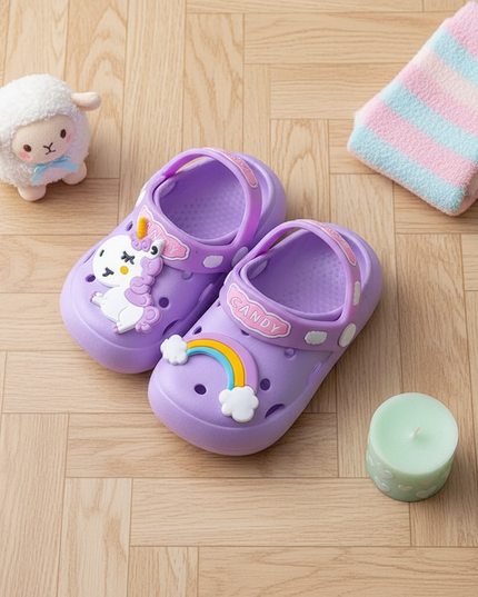 unicorn candy slippers - flat-lay