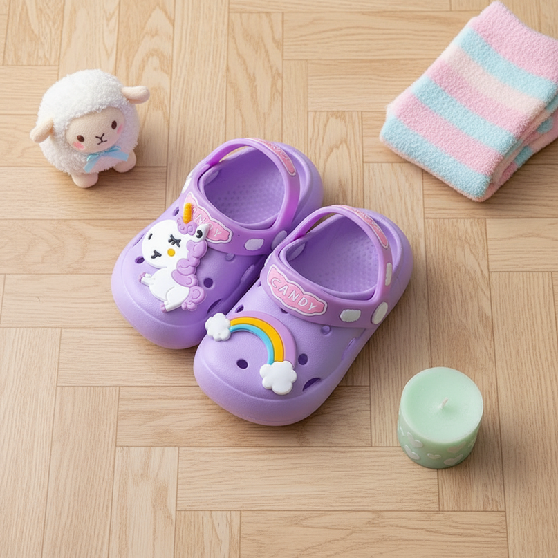 unicorn candy slippers - flat-lay