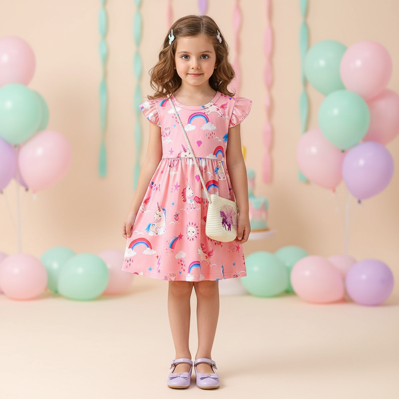 unicorn cartoon dress with bag - detail