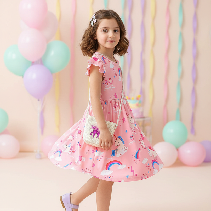 unicorn cartoon dress with bag - three-quarter